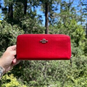 COACH Long Zip-Around Wallet Smooth Calf Leather RED w Silver Hardware AUTHENTIC